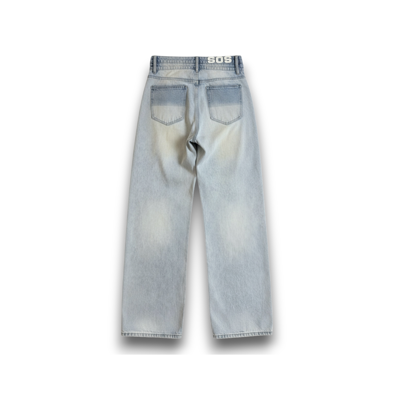 saintsofsummer DIRTY DENIM wide-leg jeans in a custom faded light wash with back pockets and SOS branding