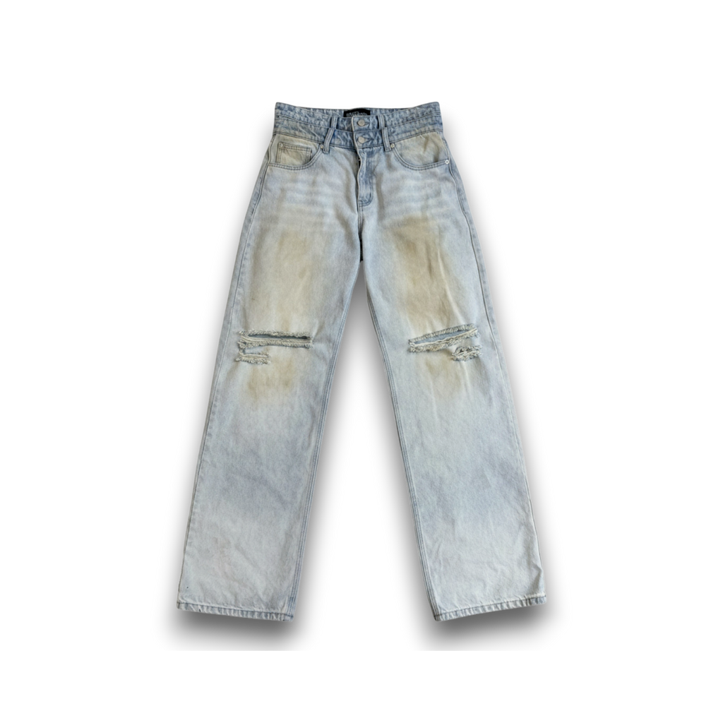 saintsofsummer DIRTY denim jeans with a custom faded light wash, wide-leg fit, and distressed knee details.