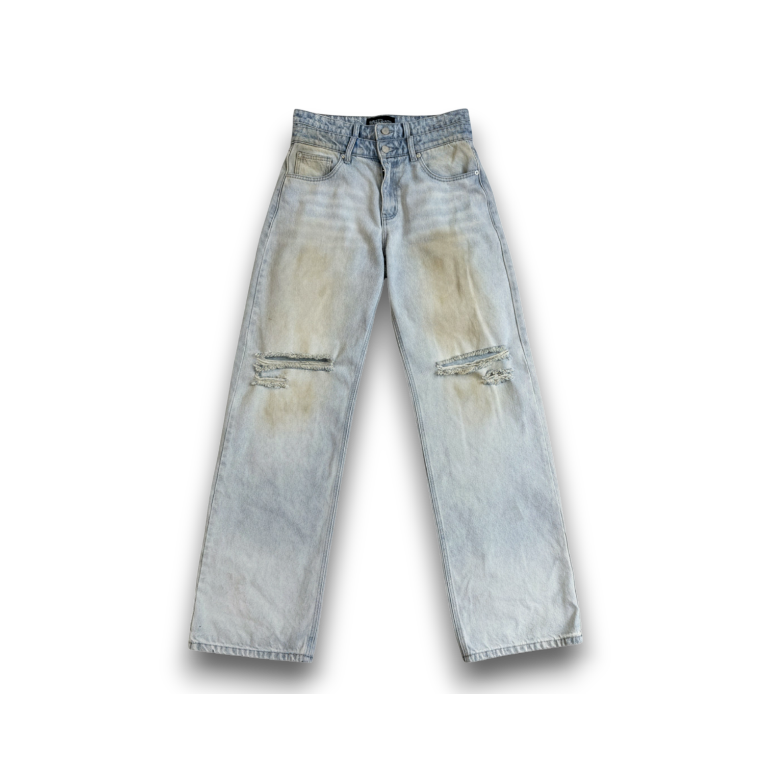 saintsofsummer DIRTY denim jeans with a custom faded light wash, wide-leg fit, and distressed knee details.