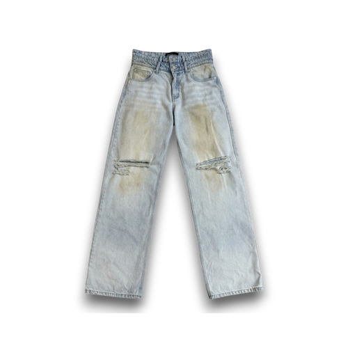 saintsofsummer DIRTY denim jeans with a custom faded light wash, wide-leg fit, and distressed knee details.